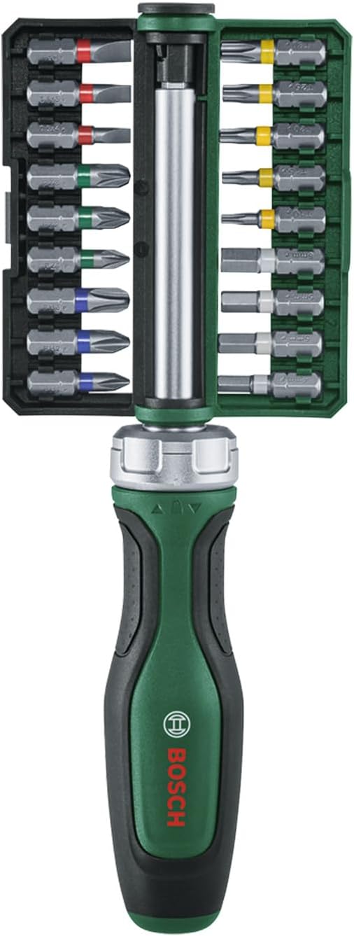 Destornillador de carraca verde bosch 18 puntas (destornillador de punta de trinquete, punta 18x (ph1, ph2, ph3, pz1, pz2, pz3, sl4, sl5, sl6, tx10, tx15, tx20, tx25, tx30, hex3, hex4, hex5, hex6)) - 1600a02z9a