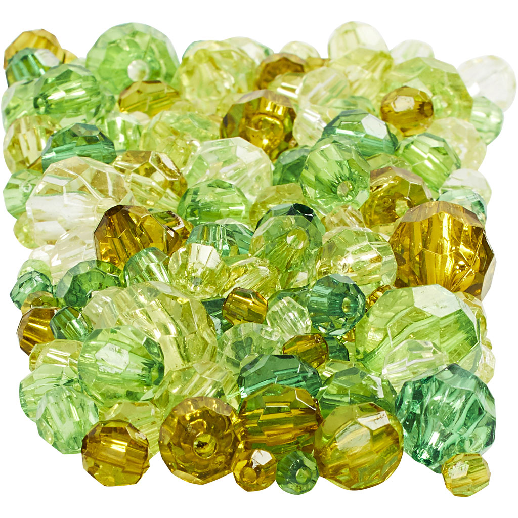 Perle sfaccettature Creative Company, Dim 4-12 mm, dimensione del foro 1-2,5 mm, ca. 860 pezzo, glitter verdi, 250 g 1 scatola
