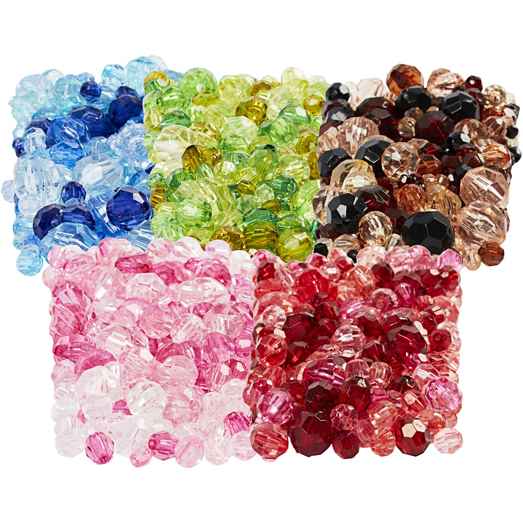 Perle faccette della compagnia creativ, d 4-12 mm, dimensione del foro 1-2,5 mm, vari colori, 7x250 gr 1 scatola