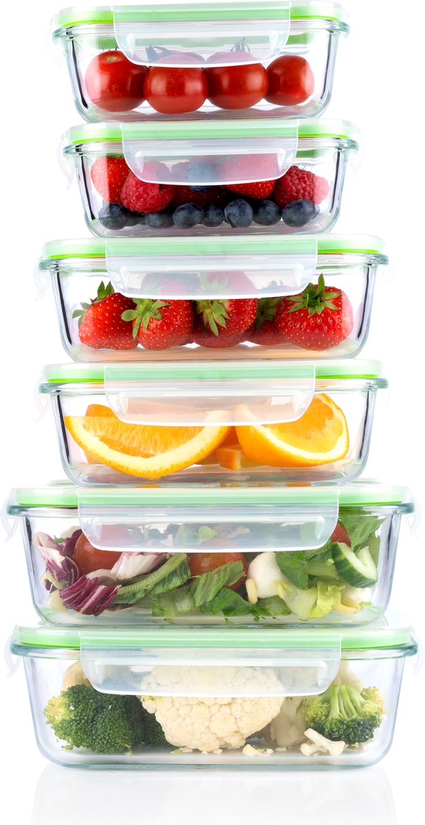 Recipientes para alimentos de vidrio Alpina - Recipientes para preparación de comidas - Recipientes para congelador Juego de 12 piezas con tapa - 370 ml, 640 ml y 1050 ml - Apto para horno, congelador, microondas y lavavajillas - Vidrio