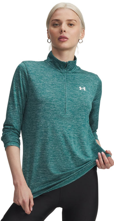 Camiseta deportiva para mujer Under Armour tech 1 2 zip-twist-grn - rack green - blanco