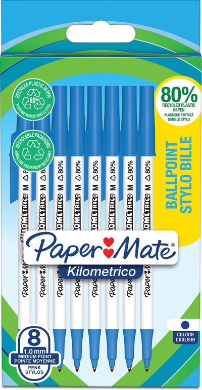 Bolígrafos kilométricos Paper Mate | tiempo de escritura largo con punta media (1,0 mm) | tinta azul | 80% plástico reciclado | 8 piezas