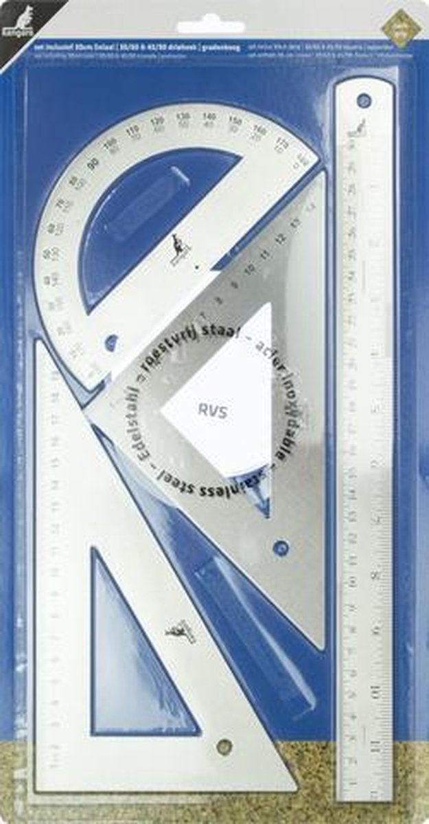 Set righello Kangaro - acciaio inossidabile - 4 pezzi - righello 30 cm + triangolo 30 60 + triangolo 45 90 + goniometro - k-760000
