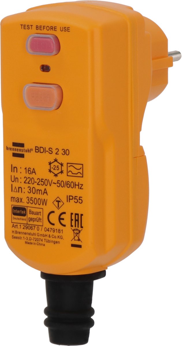 Presa di sicurezza Brennerstuhl bdi-s 2 30 ip55 (spina di sicurezza con interruttore differenziale per uso esterno, disconnessione bipolare)