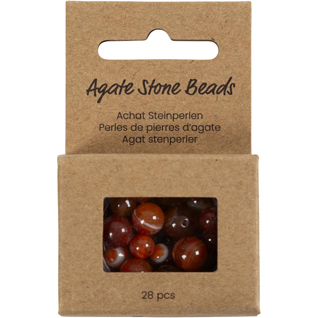 Perle di agata della Creative Company, d 6+8+10 mm, dimensione del buco 0,9-1 mm, ca. 28 pezzi, arancione bruciato, rosso, 28 pezzi 1 scatola