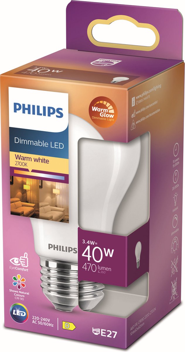 Lámpara LED Philips mate - 40 W - E27 - luz blanca cálida regulable