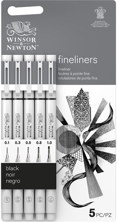 Winsor Newton Fineliner Set Nero – 5 misure di pennino (0,1–1,0 mm) – Inchiostro pigmentato resistente all'acqua per disegni e schizzi