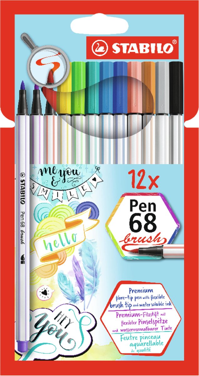 Stabilo pen 68 - premium brush viltstift - met flexibele penseelpunt - etui met 12 verschillende kleuren