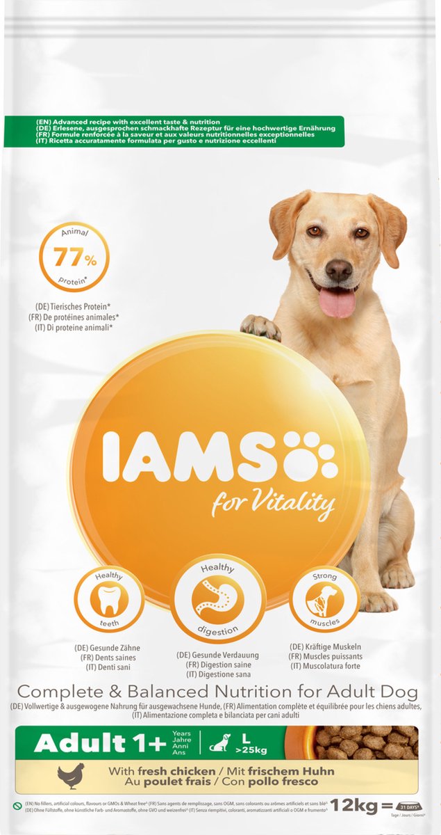 Iams cane adulto pollo grande - da 1 a 7 anni - cibo per cani - 12 kg