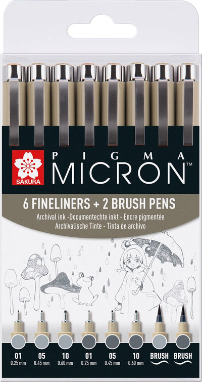 Sakura Pigma Micron Fineliner Set 8 Pen. (Luz) Gris refrescante