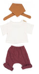 Muñecas Miniland ml: conjunto de ropa blanco burdeos para niño 32cm, 3 piezas, jersey, pantalón y bufanda, con percha, 3+