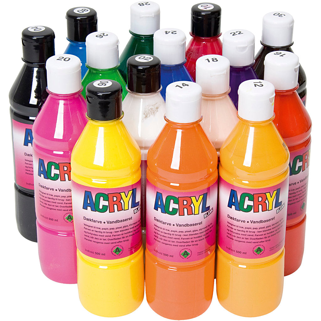 Acryl verf, diverse kleuren, 15x500 ml 1 doos