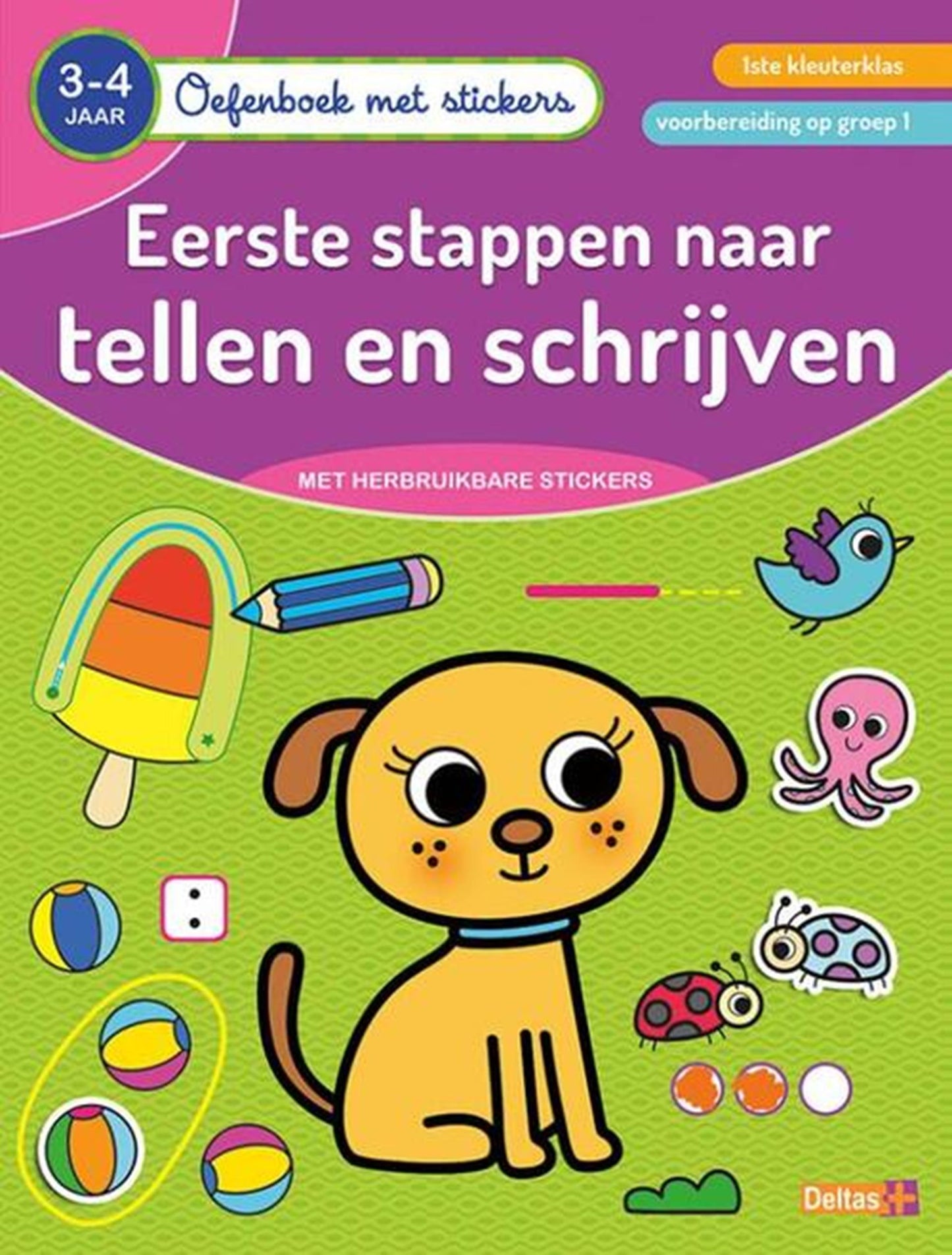 Libro de ejercicios de Deltas con calcomanías contando y escritura (3-4 años)