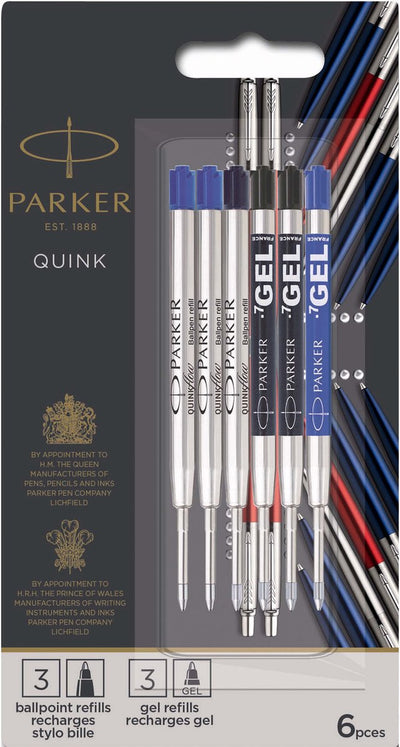 Paquete Parker Jotter London Discovery compuesto por recargas para bolígrafo y bolígrafo de gel: 3 recargas quinkflow para tu bolígrafo y 3 recargas quink gel