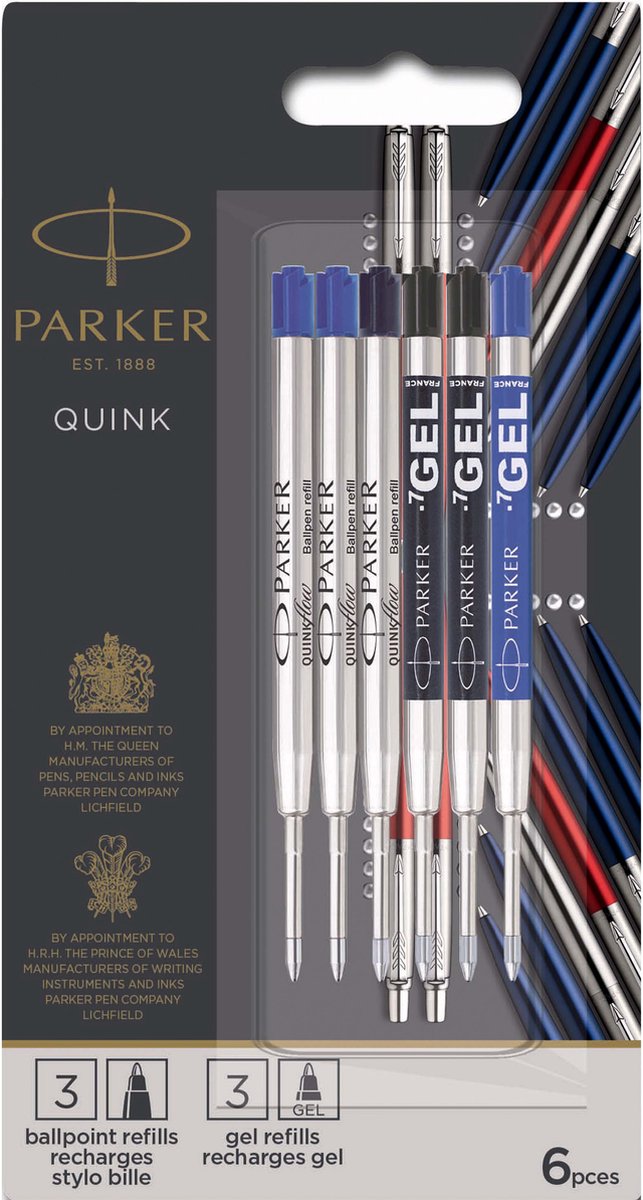 Pacchetto Parker Jotter London Discovery composto da ricariche per penna a sfera e penna gel: 3 ricariche quinkflow per la tua penna a sfera e 3 ricariche quink gel
