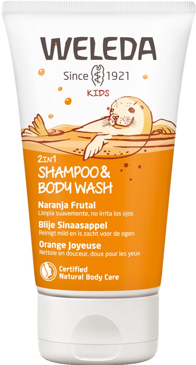 Weleda Kids Champú gel de baño 2 en 1 - naranja - limpia suavemente la piel y el cabello - limpia suavemente los ojos - Ingredientes 100% naturales - 150ml