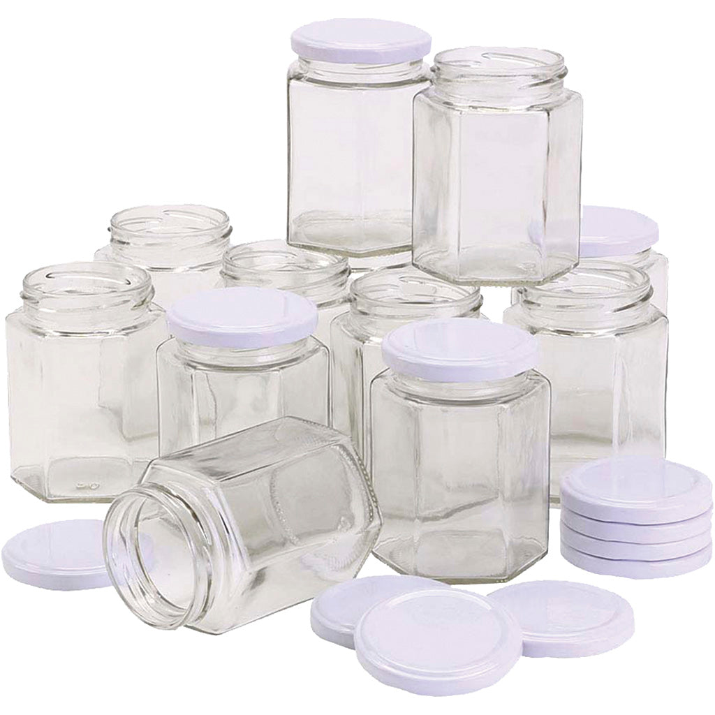 Creativ company tarro de vidrio hexagonal, h: 8 cm, p 7 cm, 180 ml, 12 piezas 1 caja