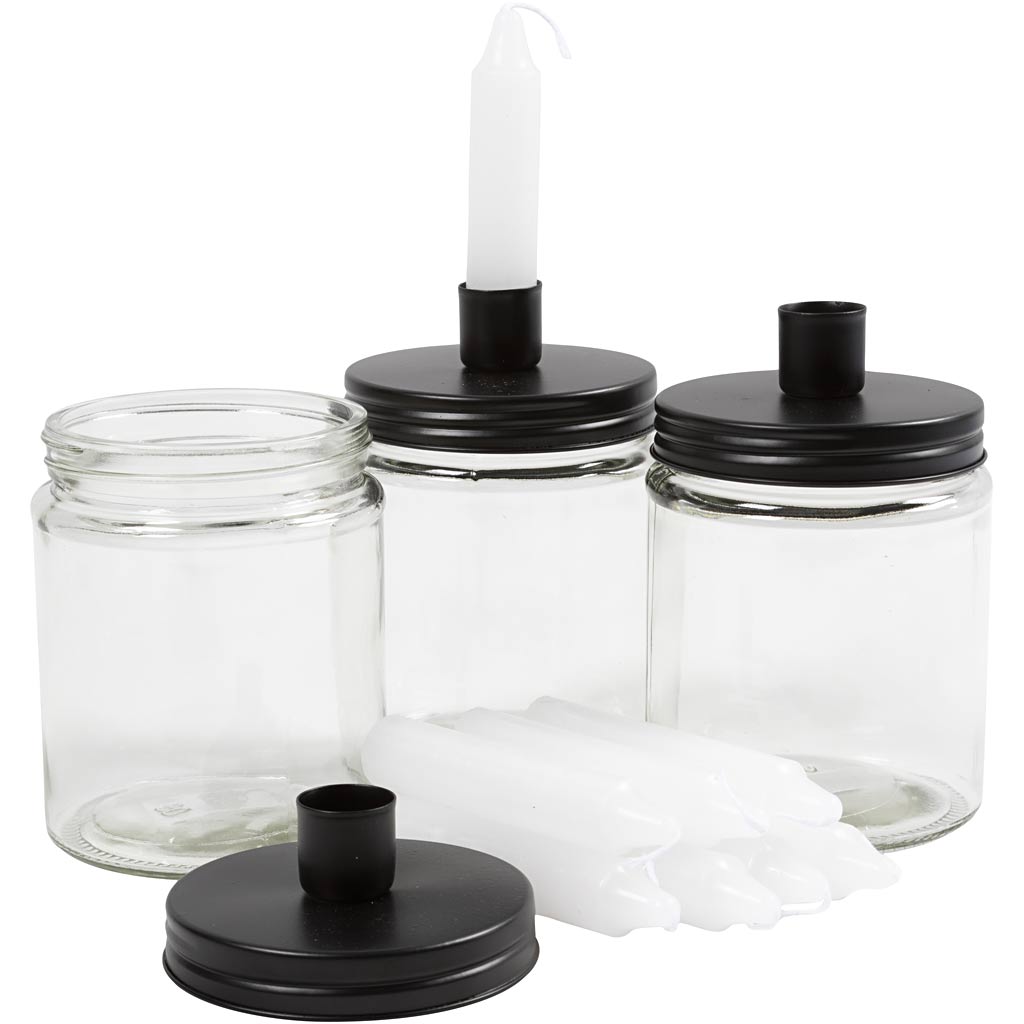 Barattolo con candelabello e candele, h: 15 cm, d 9,5 cm, dim 15 cm, 6 set 1 scatola