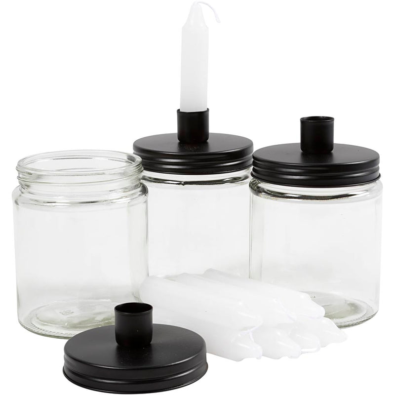 Barattolo con candelabello e candele, h: 15 cm, d 9,5 cm, dim 15 cm, 6 set 1 scatola