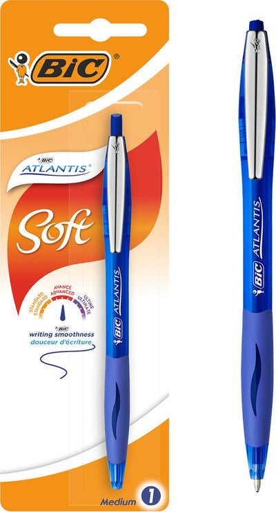 Bolígrafo Bic atlantis soft con sistema de clic - azul - paquete de 1 pieza - punta media 1 mm
