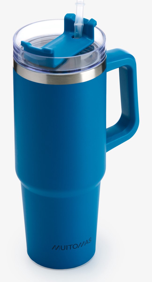 Muitomas reismok - travel mug - dubbele geïsoleerde wand - praktisch rietje handvat - 900ml - blauw