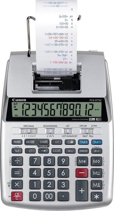 Canon p-23 dtsc ii - calculadora de escritorio con impresora - pantalla de 12 dígitos - fuente de alimentación dual - plateada