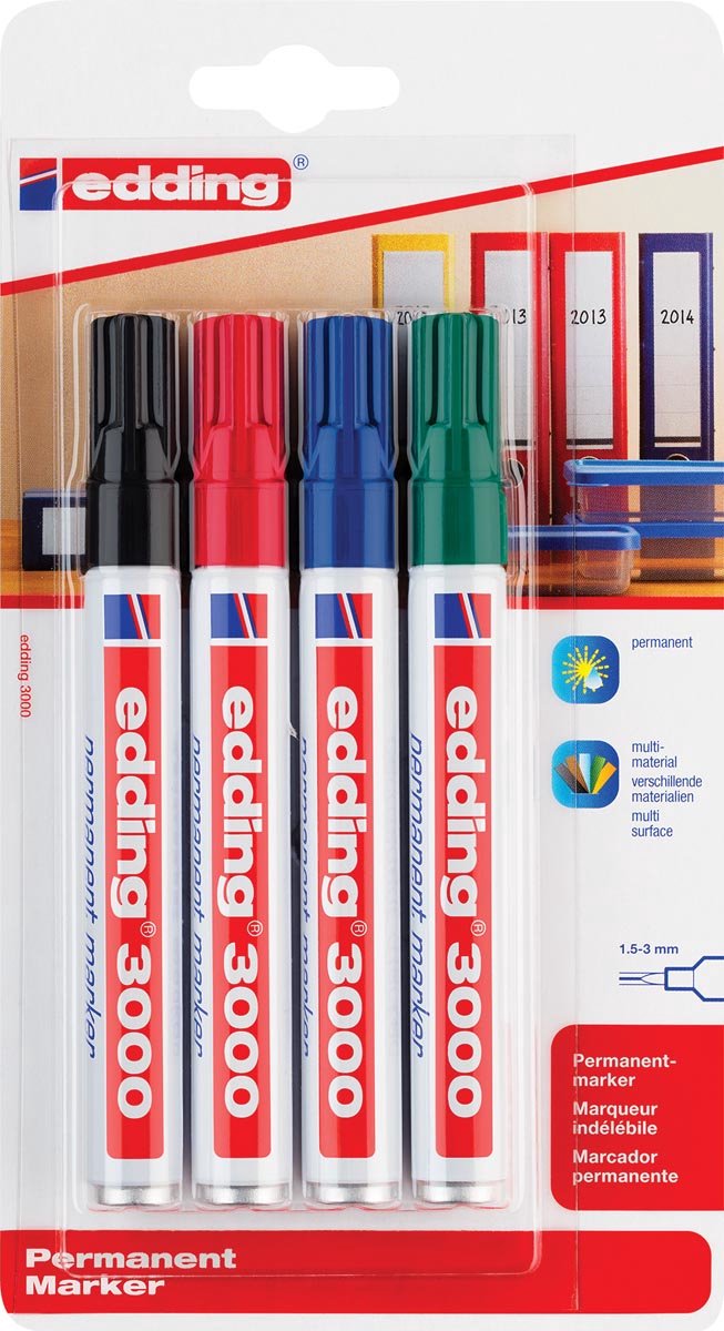 Pennarello indelebile Edding 3000 - nero, rosso, blu, verde - 4 pennarelli - punta tonda 1,5-3 mm - resistente all'acqua e all'abrasione - per cartone, plastica, legno, metallo, ecc. - pennarelli ad alcool per adulti
