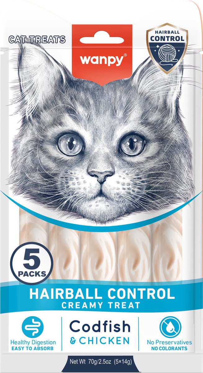 Wanpy - snack para lamer con función - pollo con bacalao - control de bolas de pelo - 5 x 5 barritas de 14 gramos