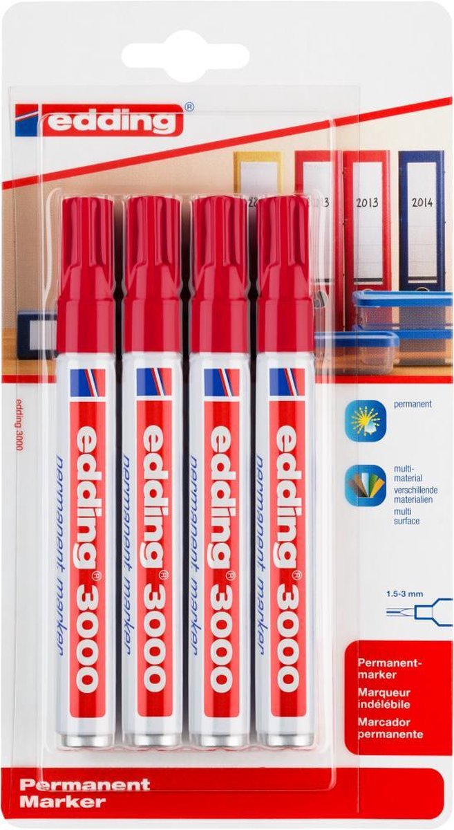Pennarello indelebile Edding 3000 - rosso - 4 pennarelli - punta tonda 1,5-3 mm - resistente all'acqua e all'abrasione - per cartone, plastica, legno, metallo, ecc. - pennarelli ad alcool per adulti