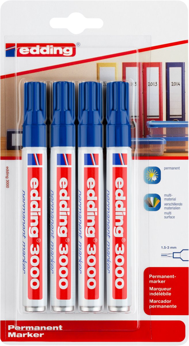 Edding 3000 permanent marker - blauw - 4 stiften - ronde punt 1,5-3 mm - water en wrijfvast - voor karton, kunststof, hout, metaal, etc. - alcohol markers voor volwassenen