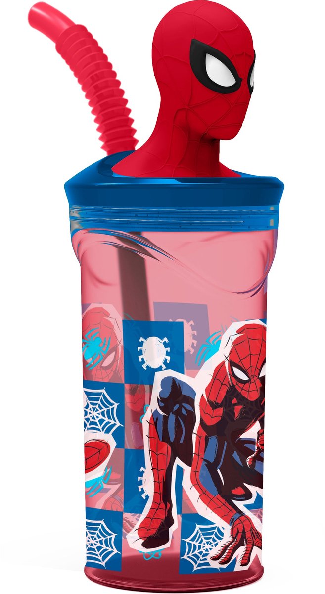 Bicchiere Spider-Man della Stor Marvel con cannuccia – 360 ml – riutilizzabile – con personaggio 3D – senza BPA – bicchiere per bambini dai 4 anni – rosso trasparente