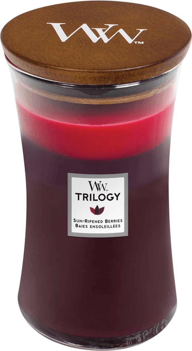 Vela perfumada grande Woodwick Hourglass Trilogy - bayas maduradas al sol - 130 horas de combustión