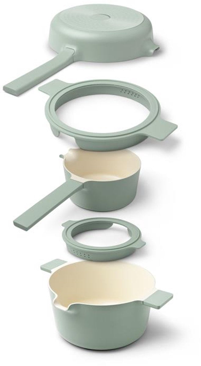 Brabantia juego compacto de sartenes apilables de 5 piezas - juego de sartenes 5 en 1 que ahorra espacio - sin pfas - apto para inducción - apto para horno - color moderno verde jade
