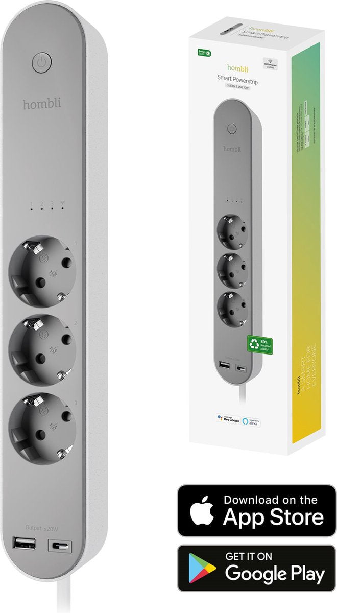 Regleta inteligente Hombli - 3 vías - 1x USB 1x USB-C con interruptor - aplicación con medidor de consumo de monitor de energía - protección contra sobretensión - cable de 1,5m