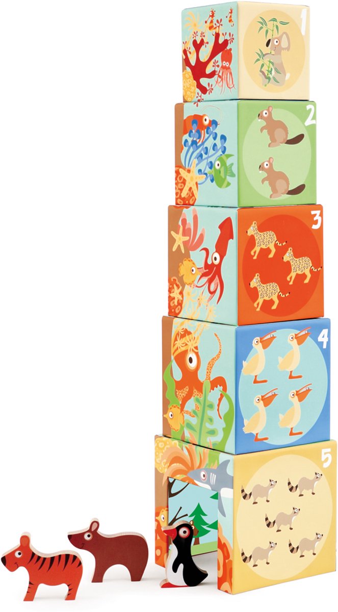 Scratch stapeltoren - dieren van de wereld - 5 stuks - stevig en duurzaam karton - 1 jaar