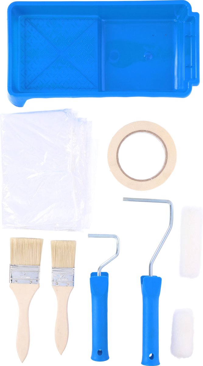 Set da pittura Kinzo - 9 pezzi: pellicola per mascheratura, nastro da pittore, vaschetta per pittura, pennelli, rulli per pittura, supporti per pittura