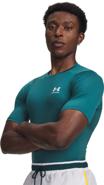 Maglietta sportiva Under Armour UA HG Armor Comp SS-GRN da uomo - Verde rack - Bianco