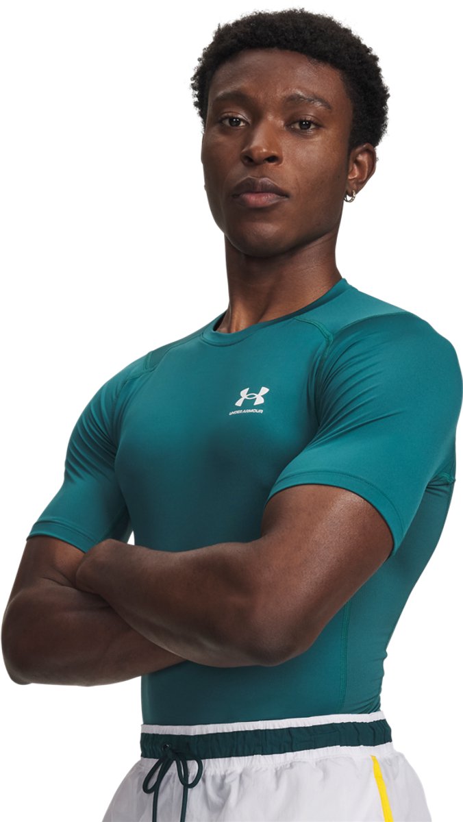 Maglietta sportiva Under Armour UA HG Armor Comp SS-GRN da uomo - Verde rack - Bianco