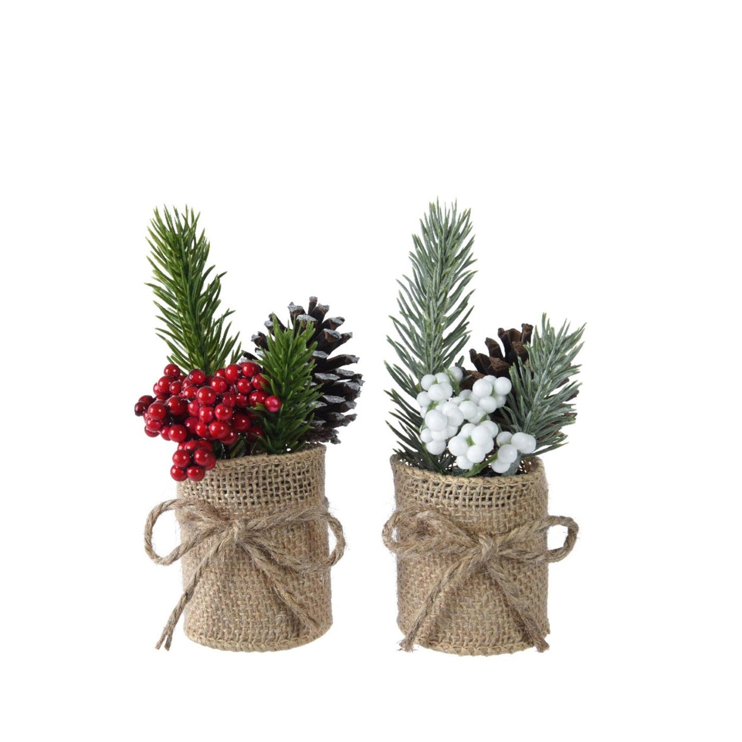 Decoris kunst kerststukje in jute pot ø5xh15cm