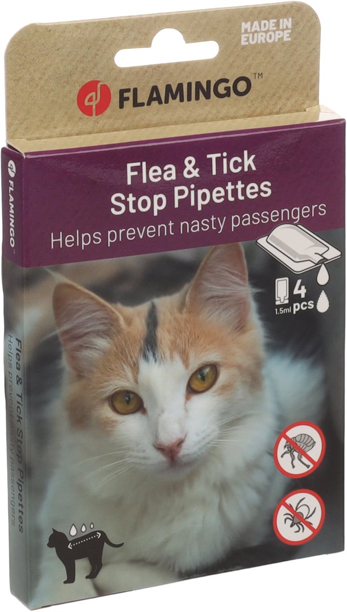 Flamingo gocce antipulci gatto - batali pipette tappo pulci zecche 4x1,5ml - gocce antiparassitarie - contro pulci - zecche e acari - con dimeticone - senza insetticida - adatto dai 3 mesi - per tutti i tipi di pelle