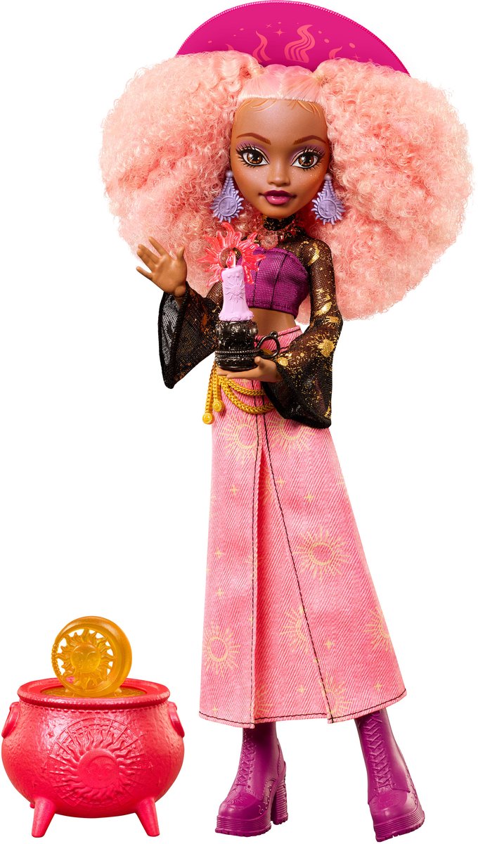 Mattel moonspell magic de monster high - muñeca de moda rae lumina - bruja del sol con accesorios