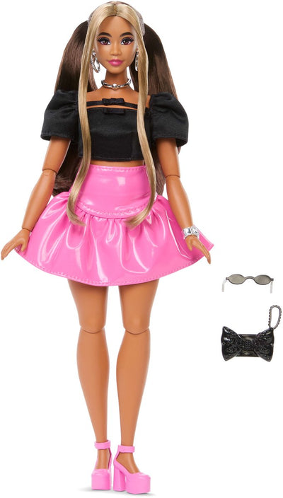 Muñeca Barbie de estilo de lujo - con falda central de vinilo rosa - muñeca de moda