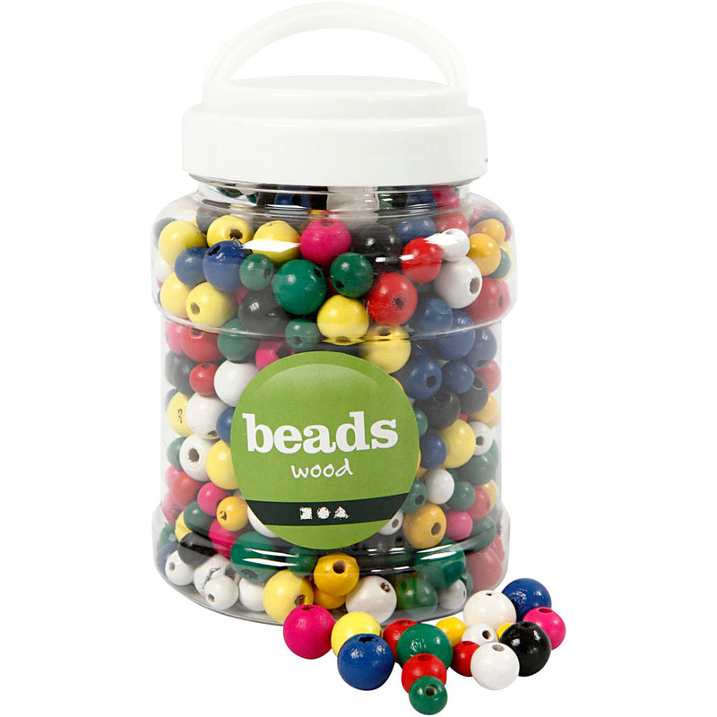 Cuentas de madera Creativ Company, d 8+10+12 mm, medida del agujero 2-2,5 mm, aprox. 540 piezas, varios colores, 175 g, 400 ml 1 cubo