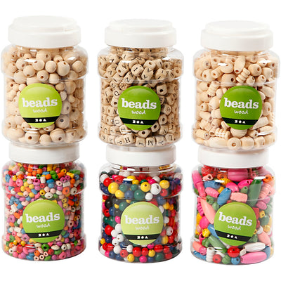 Creativ company cuentas de madera, d 5-25 mm, 6x200 g, 6x400 ml 1 caja