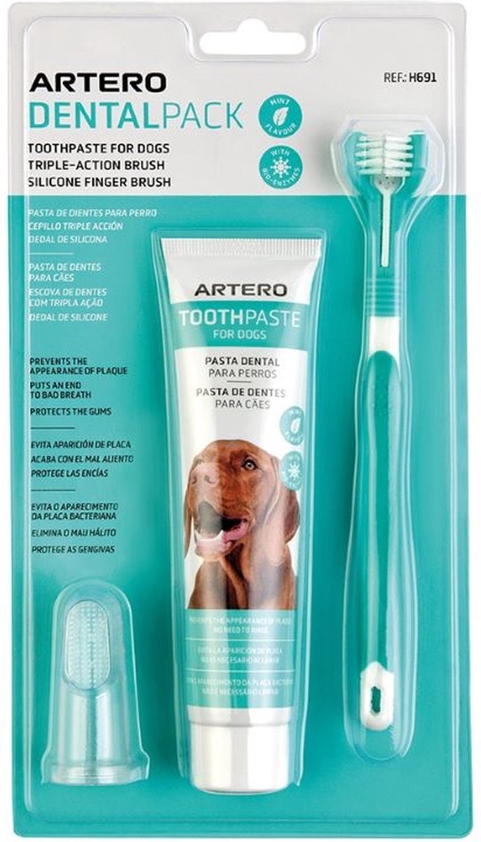 Confezione dentale Artero - set per la pulizia dentale del cane da 3 pezzi - con spazzolino da denti, dentifricio e spazzolino da dito in silicone