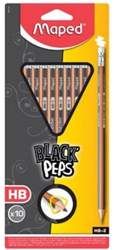 Maped office lápiz maped black'peps con goma de borrar hb, blister con 10 piezas