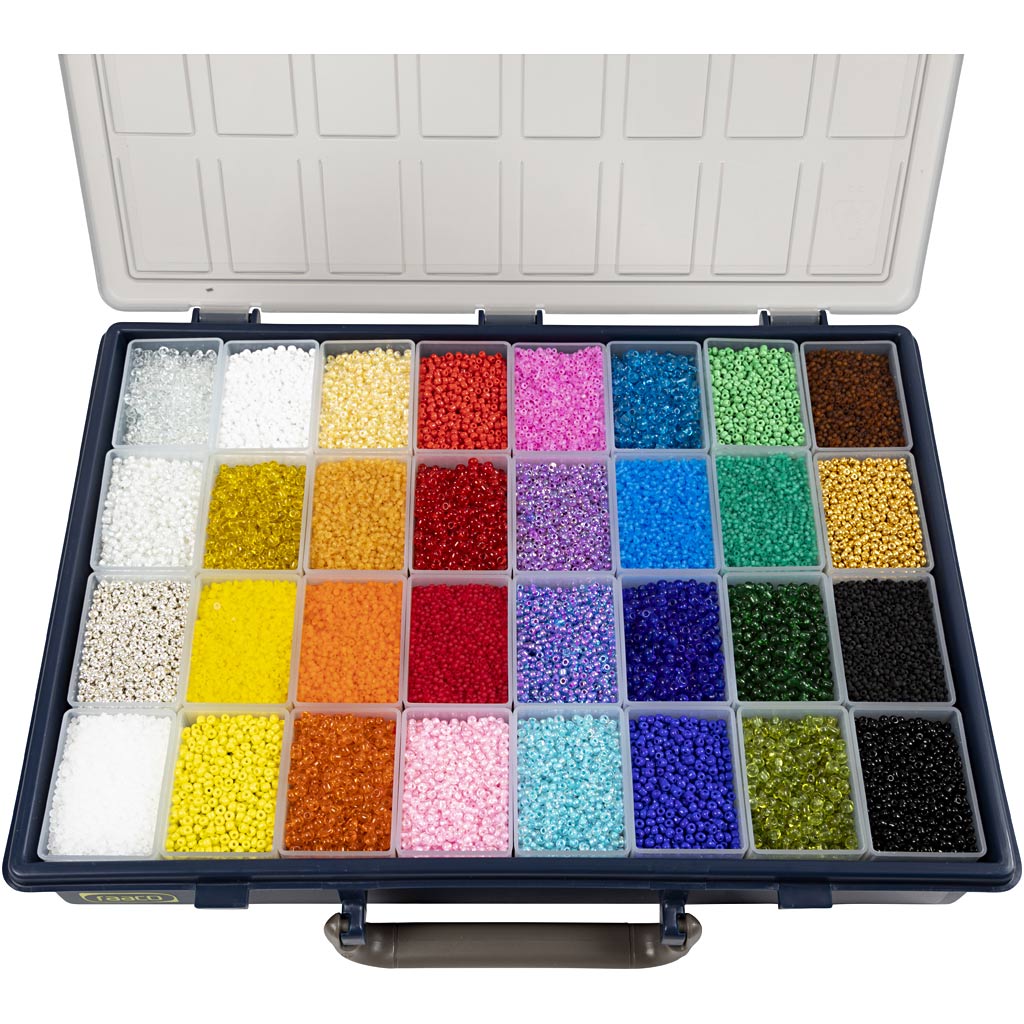 Cuentas de semillas Creativ company, d 1,7+3+4 mm, medidas 6 0+8 0+12 0, medida agujero 0,5-1,2 mm, colores pueden variar, 32x100 g 1 caja