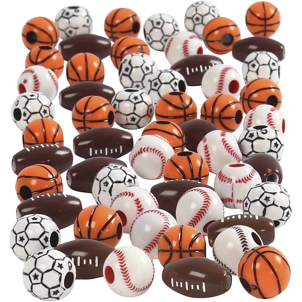 Perline sportive Creative Company, misura 11-15 mm, dimensione del buco 3-4 mm, ca. 55 pezzi, vari colori, 45 g 1 scatola