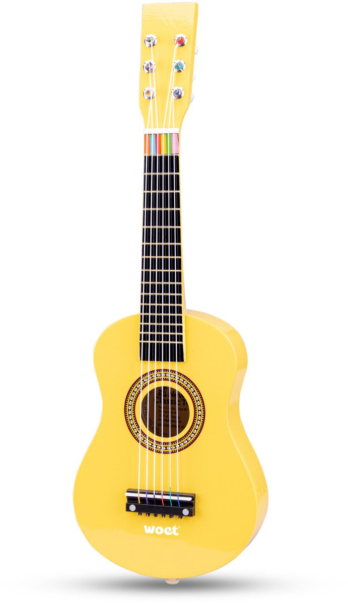 New Classic Toys Woet® guitarra de juguete de madera con correa de transporte - amarillo - instrumento de juguete - mi primera guitarra con libro de partituras - tocar la guitarra para niños - a partir de 3 años