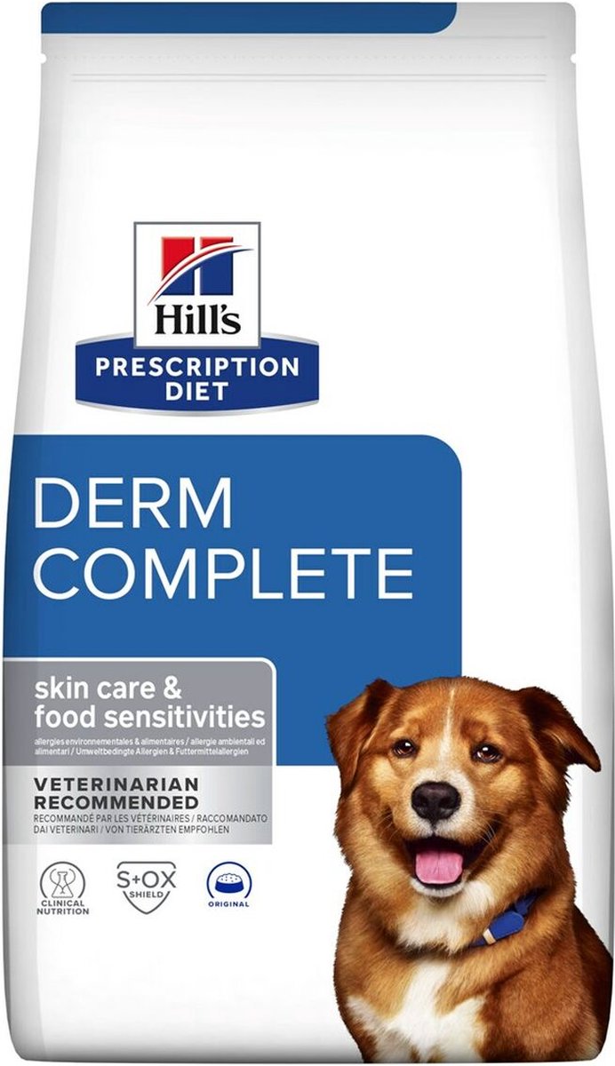 Hill's Prescription Diet Derm Complete - cibo per cani - 12 kg - supporto per allergie cutanee e ipersensibilità alimentare - per razze medio-grandi